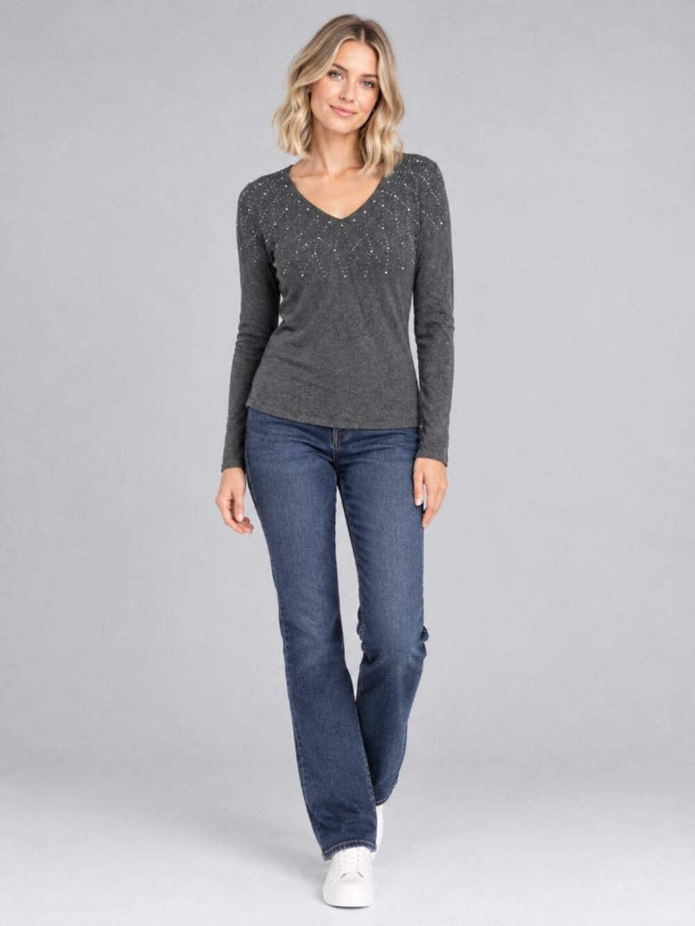 2/$30 Chico's Studded V-Neck Knit Top Long Sleeve Charcoal 8 #A4936